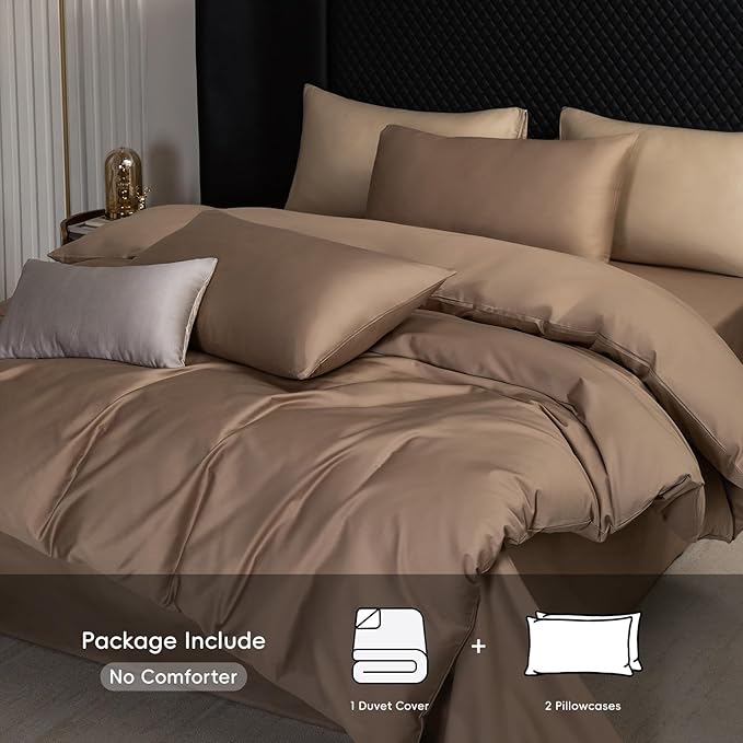 MooMee Duvet Cover Set 100% Extra Long Staple Cotton 600 Thread Count Silky Sateen Smooth Luxury Soft Breathable Durable Hotel Quality Bedding, 3 Pieces (Brown, King 104"x90")