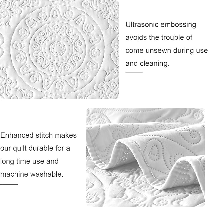 WURUIBO White Quilt Set Twin Size, Embossing Microfiber Bedspreads with Pillow Sham, Ligthweight Breathable Thin Coverlet, Reversible Bedding Set for All Season (1 Quilt, 1 Pillow Sham)