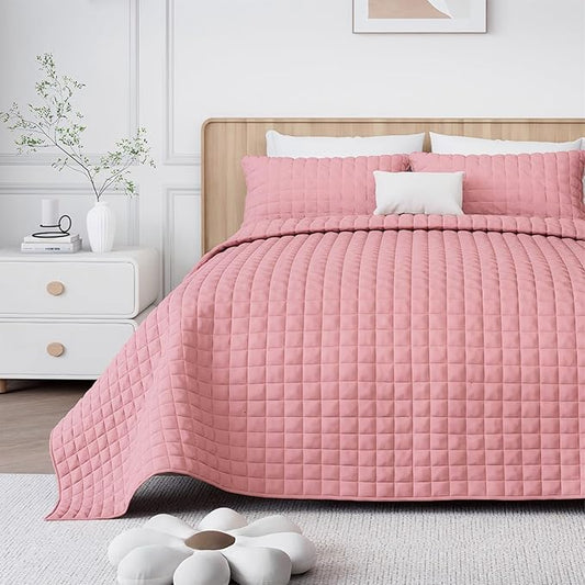 Luxury Velvet Quilt Set Queen Size, Comforter Set with Pillow Shams, Soft Lightweight Bedspread Coverlet Bedding Sets for All Seasons, Rose Pink