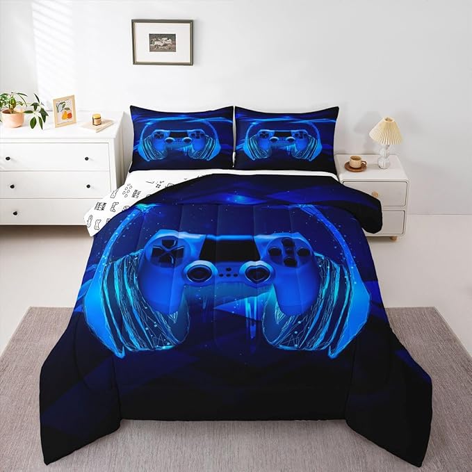 Feelyou Gamer Bedding Set Kids Video Game Gamepad Comforter Set for Boys Teens Gaming Headset Comforter Breathable Blue Game Controller Duvet Set Room Decor Quilt Set Queen Size
