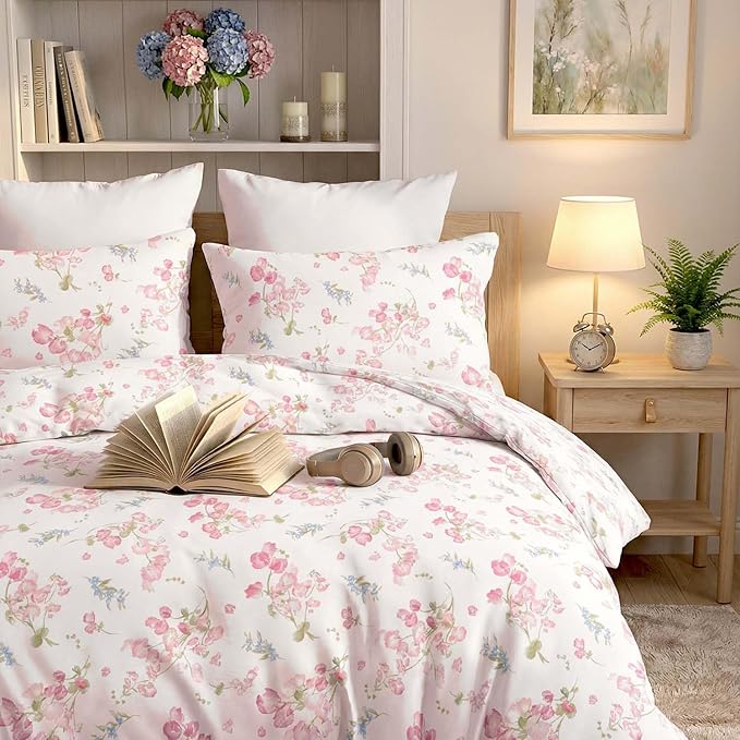 Nayoroom Pink Floral Duvet Cover Queen Size Spring Botanical Blooms Flower Cottagecore Duvet Cover 3 Pieces Soft Lightweight Microfiber Aesthetic Bedding Set Gift for Women Men