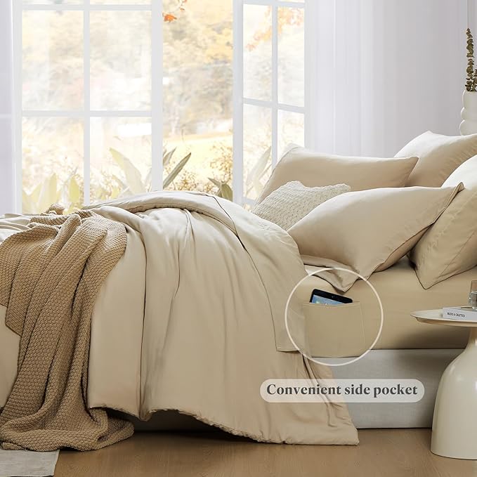 WRENSONGE California King Size Comforter Set- 7 Pieces Soft Beige Bed in a Bag California King with Fitted Sheet, Flat Sheet, 2 Pillow Shams, 2 Pillowcases, Warm Bedding Sets for All Season