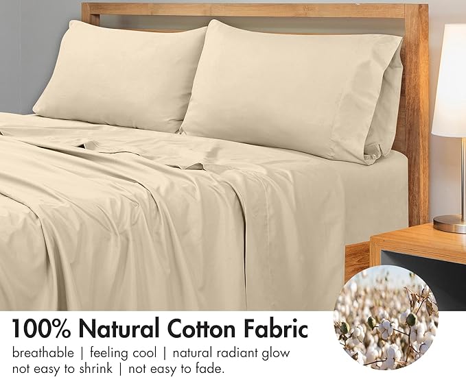 Royale Linens 300 Thread Count 100% Long Staple Combed Cotton Flat Sheet - Super Soft - Top Sheets - Full Flat Sheet Sold Separately - Breathable, Cool & Crisp Percale Sheets Only (Full, Cream)