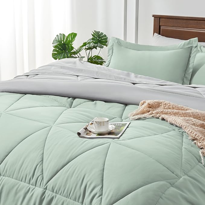 BEDELITE California King Size Comforter Set 7 Pieces Bed in A Bag - Soft Microfiber Reversible Cal King Sage Green Bed Set with Comforters,Sheets,Pillowcases & Shams,Cozy Bedding Sets for All Season