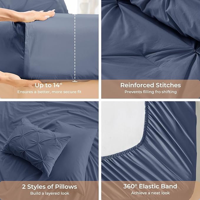 Sasttie Twin XL Comforter Set, 5-Piece Bed in a Bag, Pintuck Bedding Sets for All Season, Includes Comforter, Flat Sheet, Fitted Sheet, Pillowcase and Pillowsham, Indigo Blue