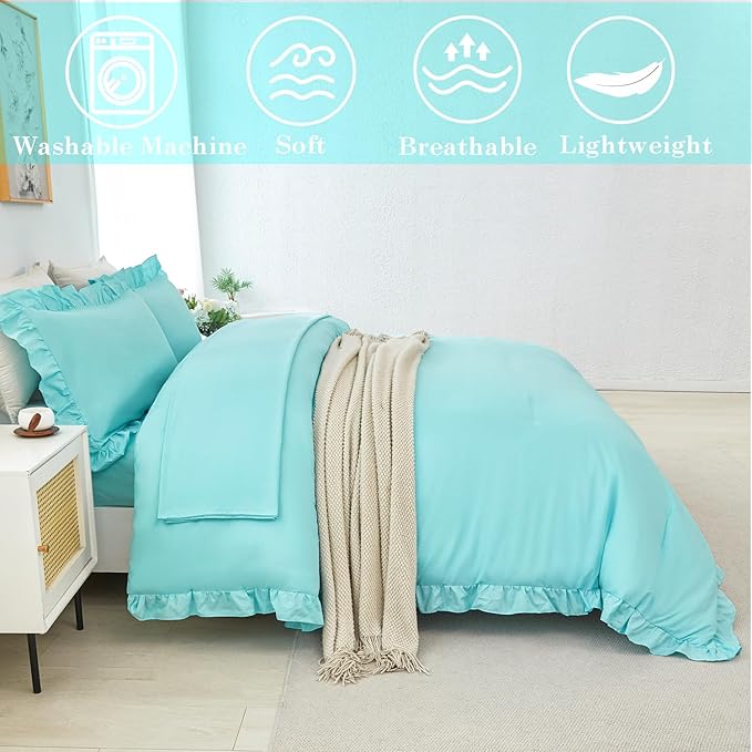 ANGIYUIN 5Pcs Queen Size Ruffled Comforter Sets Aqua Blue Ruffle Bedding Sets Farmhouse Bed Sets Solid Elegance Bed in A Bag for Girls Women（Aqua Blue Queen）