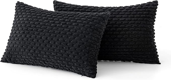 MIULEE Pack of 2 Decorative Lumbar Throw Pillow Covers 12x20 Inch Soft Boho Striped Textured Corduroy Pillow Covers Modern Farmhouse Home Decor for Couch Bed Sofa Living Room Black