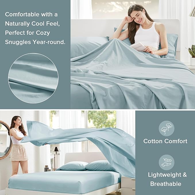 Comfort Spaces 100% Cotton Sheets Twin XL, Breathable, Soft Cotton Sheets, Naturally Cool Cotton Bed Sheets,12" Elastic Pocket Fits up to 14" Mattress, All Season Sheet Set, Twin XL Light Blue 3 Piece