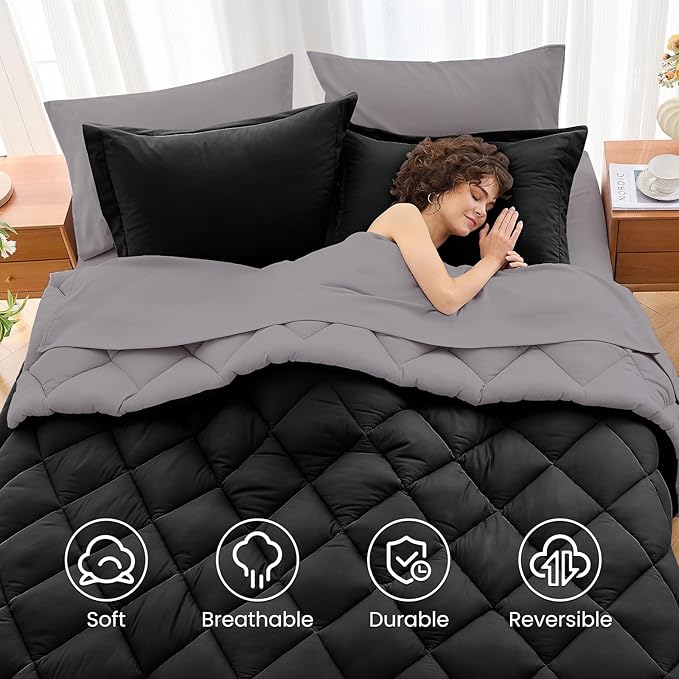MUXHOMO 7 Pieces Oversized Queen Comforter Set, Reversible Bed in a Bag Oversized Queen Size, All Season Bedding Set with Comforter, Flat Sheet, Fitted Sheet, Pillowcases & Shams, Black & Soot