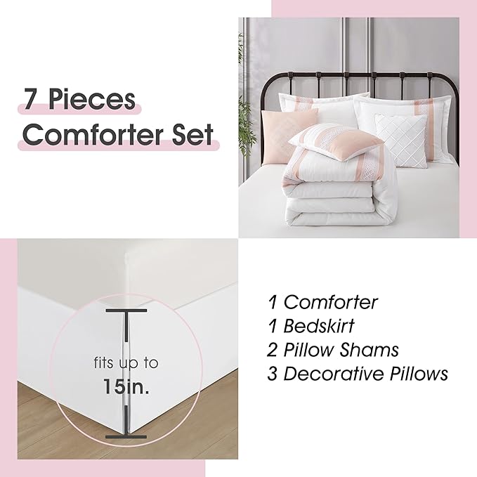 7 Piece Comforter Set, Pink White, California King, Boho Style Geometric Microfiber Embroidery, Bed in a Bag with Bedskirt, Pillow Shams and Decor Pillows