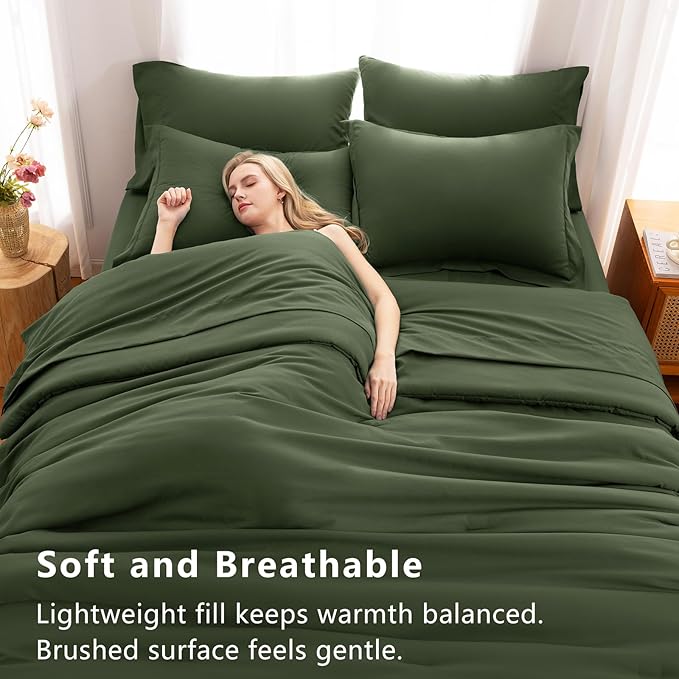 CozyLux King Size Comforter Set Olive Green, 7 Pieces Bed in a Bag King Comforter Set with Sheets, Bedding Set with Down Alternative Comforter, Fitted Sheets, Flat Sheets, Pillow Shams and Pillowcases