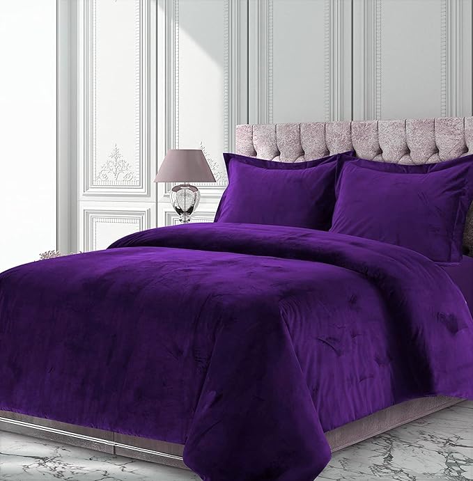 Plum 3 Pieces Velvet Comforter Set Super Queen Size (Comforter + 2 Pillowcases) Crinkle Crushed 400 GSM