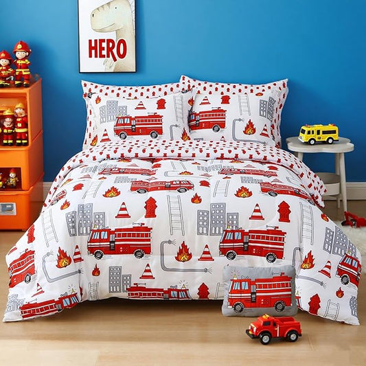 Mooreeke Kids Twin Comforter Sets for Boys 6 Pieces Fire Truck White Bedding Set for Teens Soft Microfiber Kids Bed in A Bag with Comforter, Sheet Set, Shams and Decorative Toy Pillow All Season