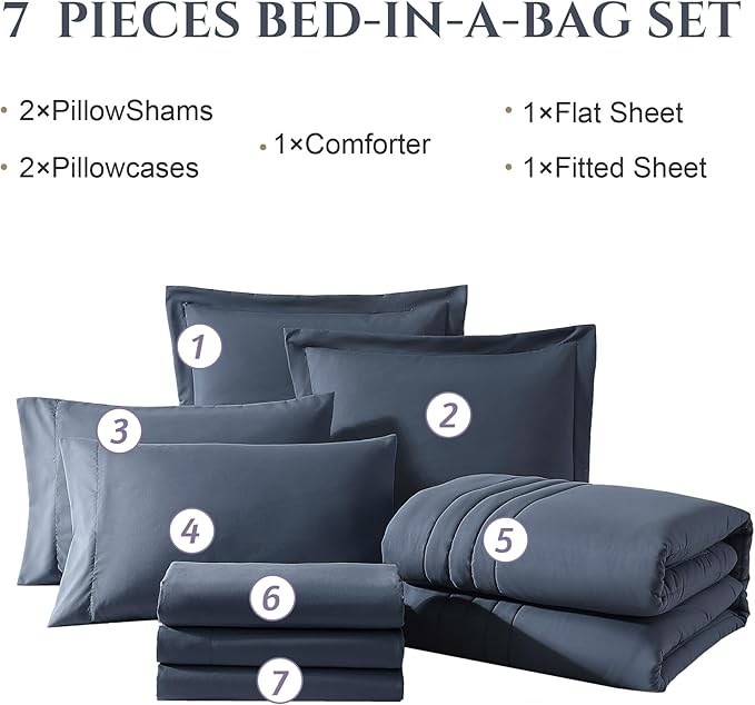 Monbix Oversized Queen Comforter Set - 7 Pieces Blue Grey Bed in a Bag Oversized Queen Bedding Sets with Comforters, All Seasons Comforter Bed Set with Sheets, Pillowcases & Shams