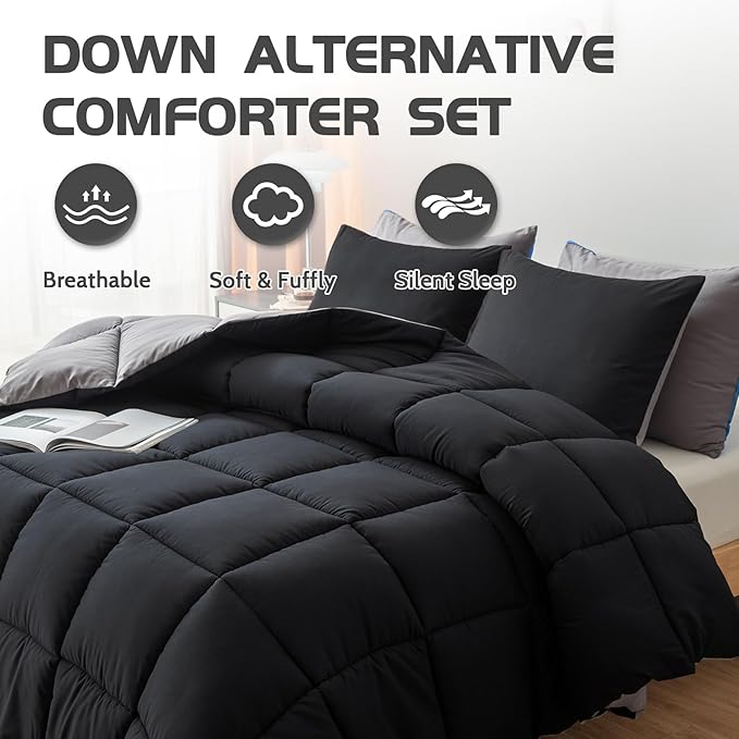Decroom Lightweight Queen Comforter Set with 2 Pillow Sham - 3 Pieces Set - Quilted Down Alternative Comforter/Duvet Insert for All Season - Black/Grey - Queen Size