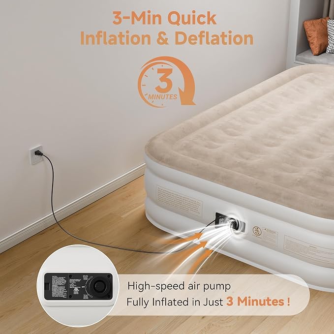 Sebor Air Mattress Queen with Built-in Pump 18", Comfortable Self-Inflating Air Mattress with High-Speed Pump, Durable Blow Up Mattress Queen with Storage Bag for Guests, Camping, Travel