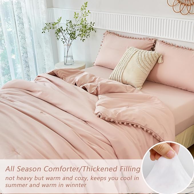 PERFEMET 5 Pieces Girls Blush Comforter Set Full Aesthetic Solid Pom Pom Comforter Soft Microfiber Dusty Pink Bed in A Bag Kids for All Season(Blush, Full)