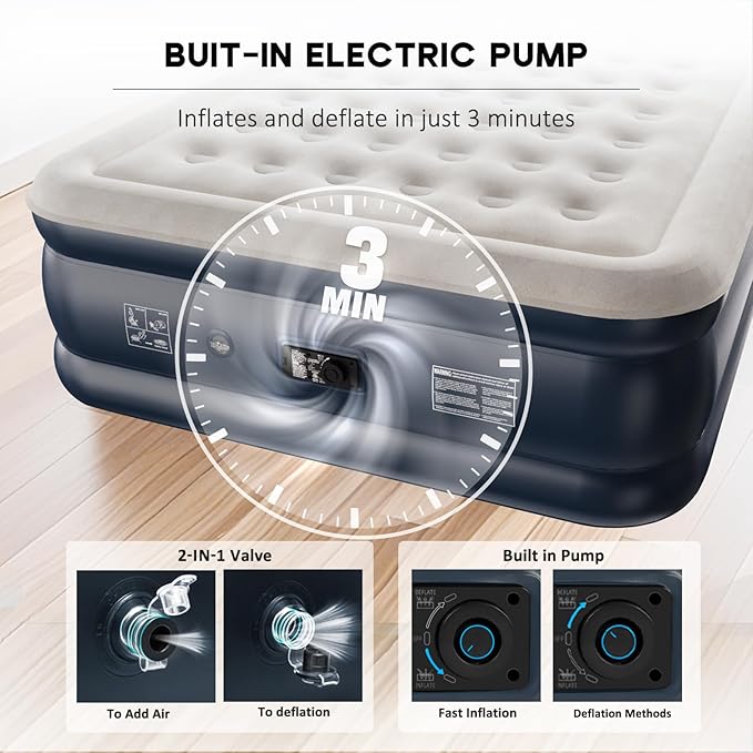 nalone Air Mattress Queen with Built in Pump, 18'' Raise Luxury Inflatable Mattress, 2026 Upgraded Fast Blow Up Mattress with Carry Bag, Portable Air Bed for Home, Travel & Camping, 690lbs Max