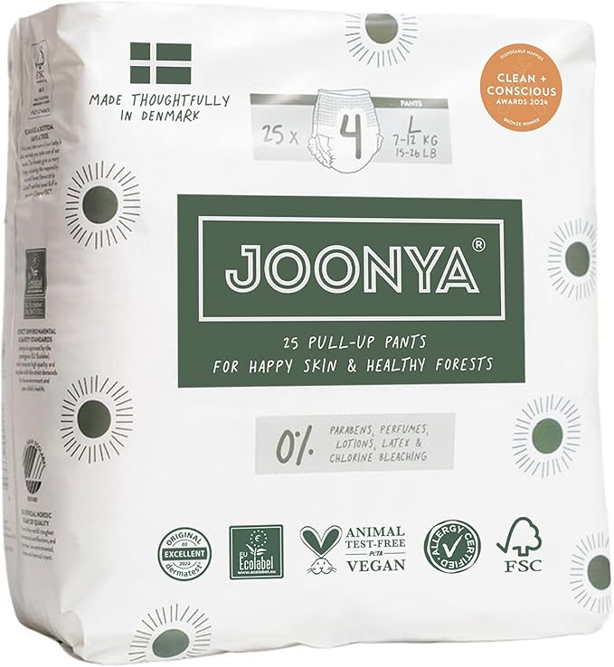 Joonya Pull-Up Pants Baby Diapers, Size 4 L (15-26 lb) - 1 Bag of 25 - Non Toxic, Eco-Friendly, High Absorbency, Overnight Use, Ultra Slim & Soft - Made in Denmark