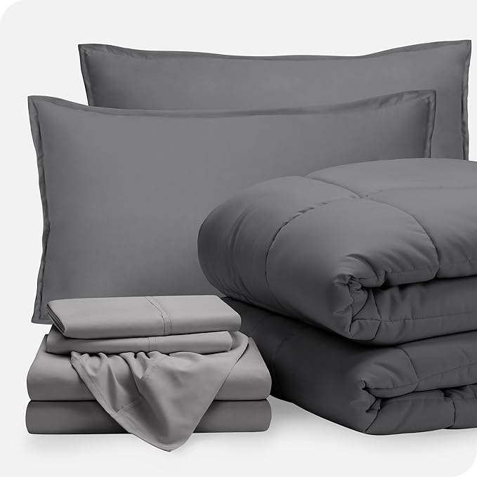 Bare Home Bed-in-A-Bag 7 Piece Comforter & Sheet Set - Full XL - Goose Down Alternative - Ultra-Soft 1800 Premium Bedding Set (Full XL, Grey/Light Grey)