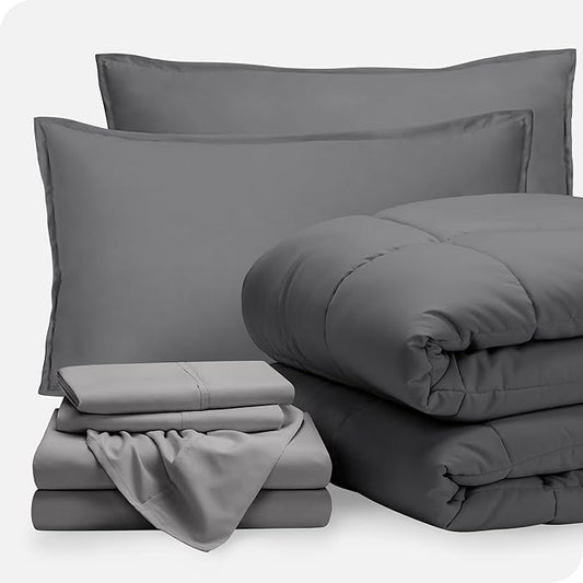Bare Home Bed-in-A-Bag 7 Piece Comforter & Sheet Set - Full XL - Goose Down Alternative - Ultra-Soft 1800 Premium Bedding Set (Full XL, Grey/Light Grey)