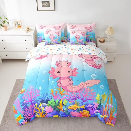 Feelyou Boys Girls Cute Axolotl Bed in A Bag Queen Size, Ocean Sealife Comforter Set with Sheets Kids Cartoon Salamander 7 Pieces Bedding Sets Kawaii Teens Bed Set
