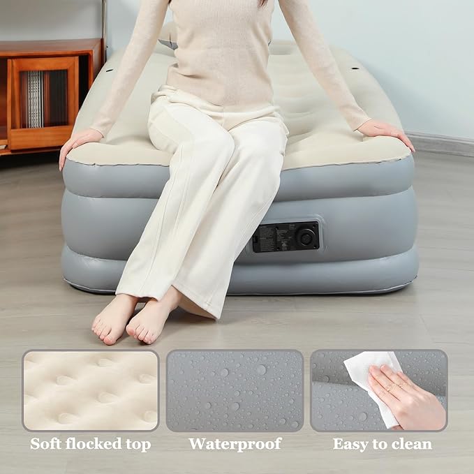 Air Mattress with Headboard, 16" Inflatable Bed with Built-in Electric Pump, 2-Min Quick Inflation/Deflation, Leak-Free Odorless Design, Supports 650 lbs, Twin Airbed for Camping, Home, Guests, Travel