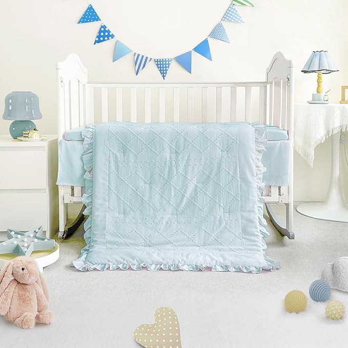 Wowelife Baby Crib Bedding Set for Girls, 3 Piece Boho Crib Comforter Set Ruffle, Baby Boy Crib Bedding Set Nursery Blanket Set Neutral Include Quilted Comforter, Crib Skirt and Sheet, Blue