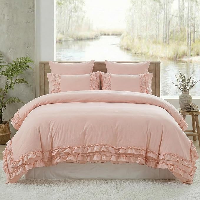 Pink Ruffled Duvet Cover Girls Coquette Bedding Set Cute Lace Fringe Ruffle Bedding Shabby Chic Farmhouse Style Super Soft Cozy Elegant Cover Cover Set King Size