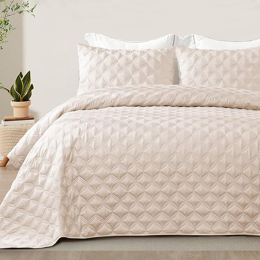 Exclusivo Mezcla Full Queen Quilt Set, 3 Pieces Lightweight Quilts Queen Size with Geometric Ellipse Pattern, Soft Quilted Bedspreads Brich Beige Coverlets Bedding Set for All Seasons