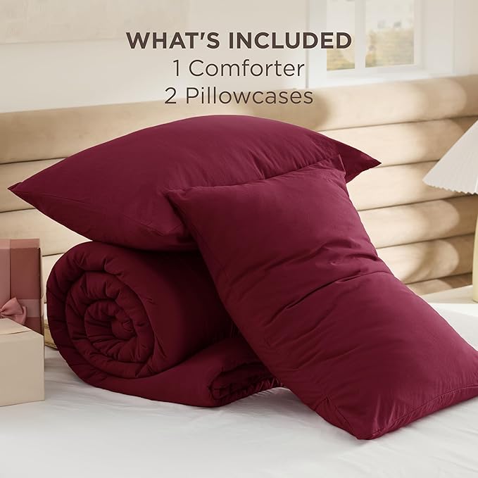 Bedsure Full Comforter Set, Dark Red Soft Prewashed Bedding for All Seasons, 3 Pieces GentleSoft™ Bed Set, 1 Lightweight Comforter (82"x86") and 2 Pillowcases (20"x26")