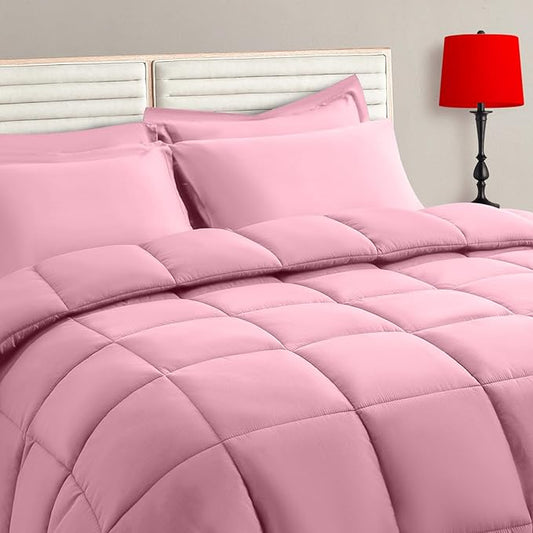 TAIMIT Pink Queen Size Comforter Set - 7 Pieces, Bed in a Bag Bedding Sets with All Season Soft Quilted Warm Fluffy Reversible Comforter,Flat Sheet,Fitted Sheet,2 Pillow Shams,2 Pillowcases