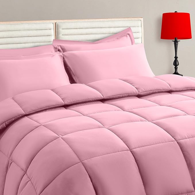 TAIMIT Pink King Size Comforter Set - 7 Pieces, Bed in a Bag Bedding Sets with All Season Soft Quilted Warm Fluffy Reversible Comforter,Flat Sheet,Fitted Sheet,2 Pillow Shams,2 Pillowcases