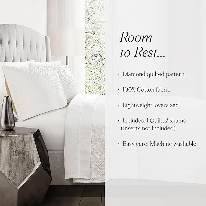 Lush Decor Ava Quilt Diamond Pattern Solid 3 Piece Oversized Bedding Blanket Bedspread Set - King - White