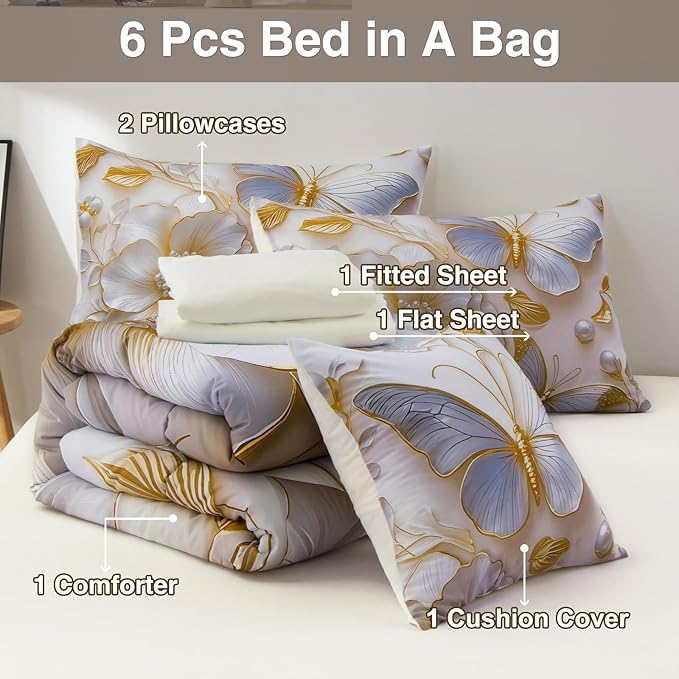 A Nice Night Full 6pcs Bed in A Bag Glod Dreamy 3D Butterfly Printed, Pearl Flower Design Butterflies Bedding Full Comforter Set, for Girls Kids Teens