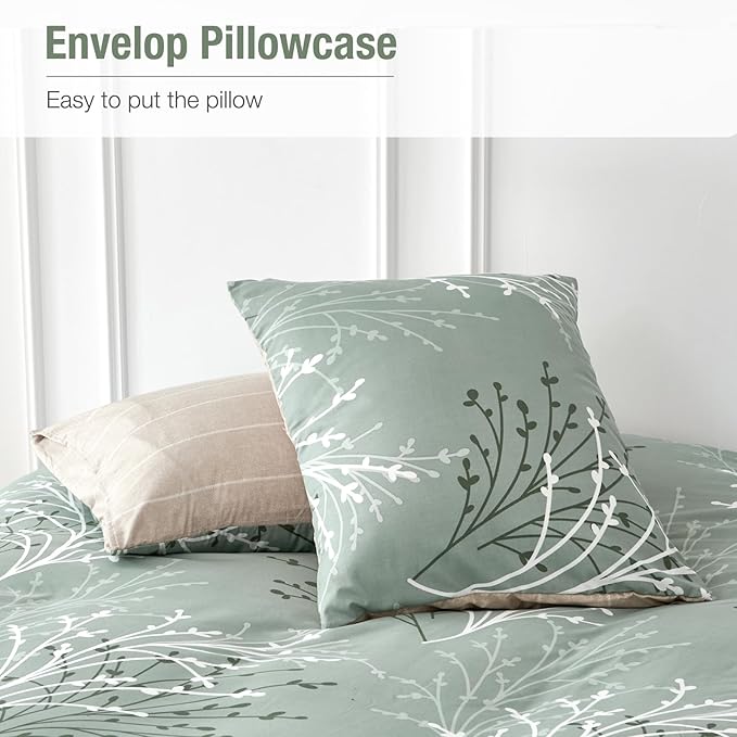 Lekesky Green Duvet Cover King Size, Reversible Floral King Comforter Cover with Branch Pattern, Soft 100% Washed Microfiber 3 Pieces Green Bedding Set with Zipper and 2 Pillowcases 20"x36"