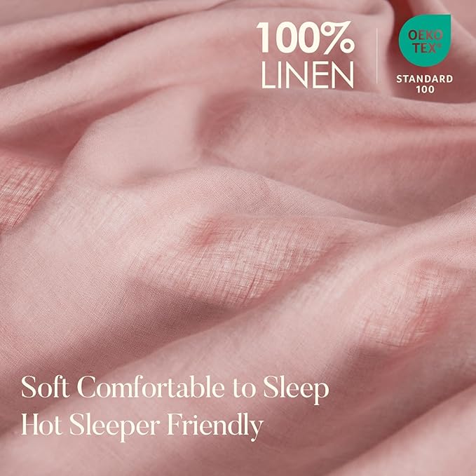 DAPU 100% Linen Duvet Cover Set - Pure Natural French Flax Linen with Corner Ties and Zipper Closure Soft Breathable Durable for Hot Sleepers 1 Duvet Cover 2 Pillowcases (Pink Clay, King)