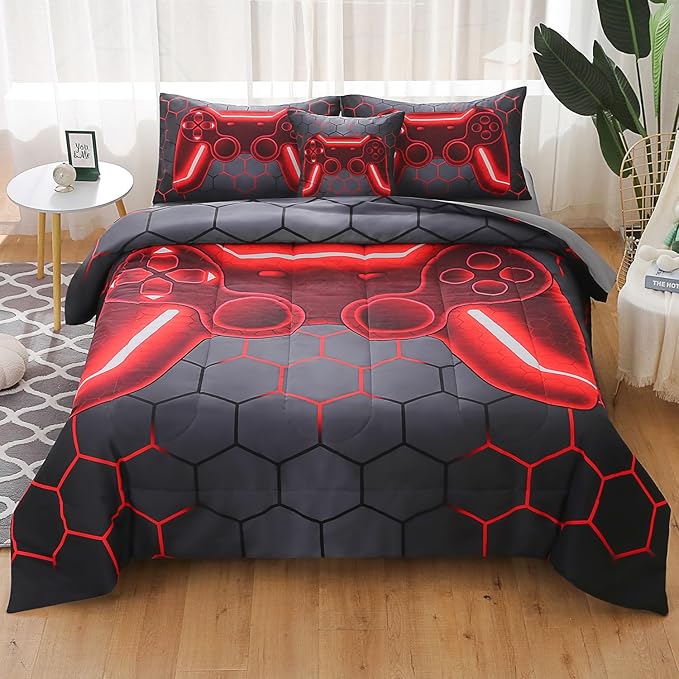 JQinHome Full Gamer Comforter Set for Boys Girls Kids,6 Piece Bed in A Bag 3D Video Game Bedding -All Season Soft Microfiber Down Alternative Comforter Gamer Bedding Sets with Sheets （Red）