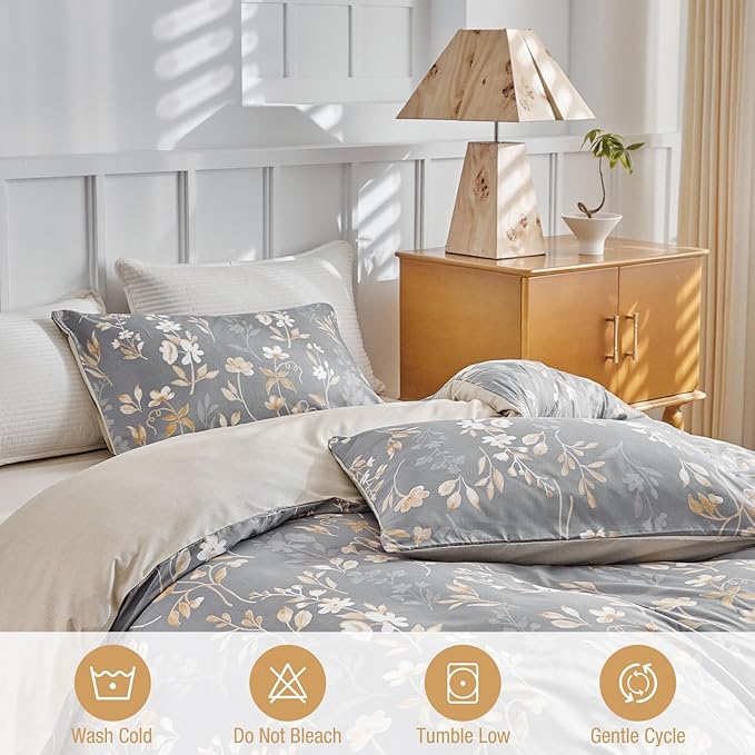Lekesky Queen Duvet Cover Set, Gold Floral Duvet Cover Queen Size, 3 Pieces Grey Bedding Sets with Zipper, Ultra Soft Microfiber Reversible Queen Size Comforter Cover with 2 Pillowcases 20"x26"