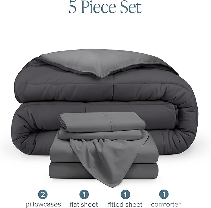 Bare Home Reversible Bed-in-A-Bag Comforter & Sheet Set - King - Down Alternative - Soft - Bedding Set (King, Grey/Forged Iron Grey, Grey)