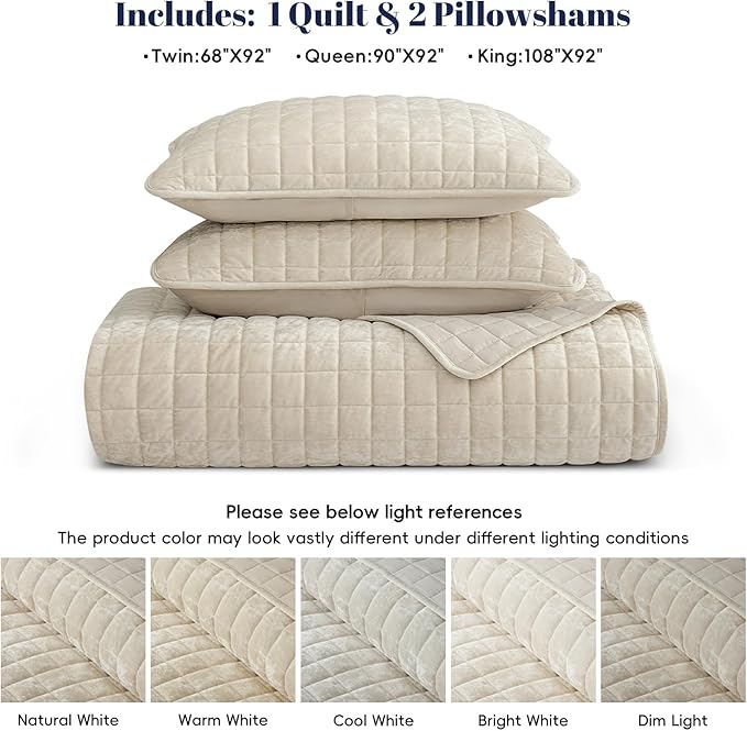 PHF Luxurious Velvet Quilt Set King Size – 3PCS Super Soft Quilted Comforter Alternative with Square-Box Quilt Pattern, Warm Quilted Bedspread Coverlet, 108" x 92", Sand