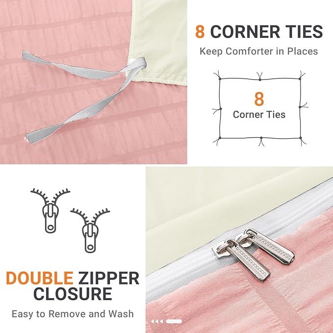 HYMOKEGE Pink/Ivory Duvet Cover Queen Size, Ultra Soft 3-Piece Seersucker Duvet Cover Set with Zipper Closure, Soft Brushed Microfiber Bedding Set with 8 Corner Ties (90"x90", 2 Pillowshams)