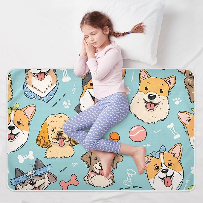 Waterproof Bed Pad Reusable Changing Pad Toddler Mattress Protector Large Pee Pad Baby Diaper Pad Soft Washable Liner Blue Dog Cartoon