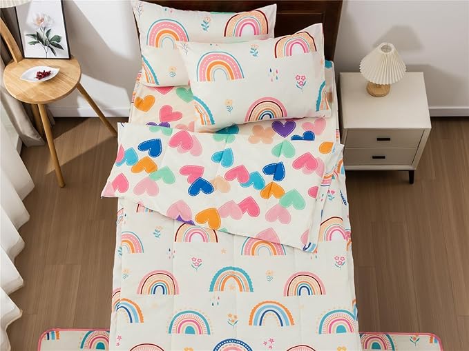 NTBED Rainbow Printed Zipper Bedding Sets Full Lightweight Microfiber Heart Comforter Sets with Fitted Sheet Pillow Covers,Beige