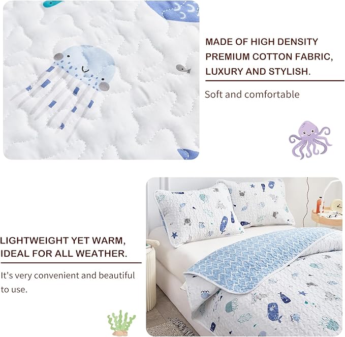 Joyreap 2-Piece Cotton Quilt Set Twin, Vibrant Ocean Theme Starfish Whale Crab Printed on White, Smooth Soft Quilt Bedspread Bed Cover for All Season, 1 Quilt and 1 Pillow Sham- 68x86 inches