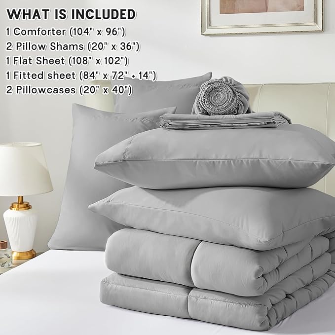 Anluoer California King Size Bed in a Bag 7 Pieces,Light Grey Cal King Comforter Set with Sheets,All Season Bedding Sets with Comforter,Pillow Shams,Pillowcases,Flat Sheet,Fitted Sheet