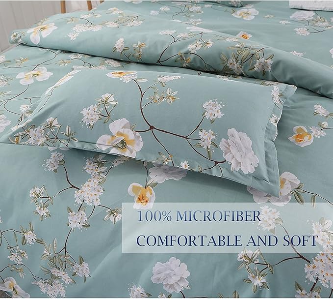 Nanko Full Size Duvet Cover Set, Green Floral Leaf Print Pattern, Microfiber Comforter Quilt Bedding Cover with Zip Ties - Spring Modern Farmhouse Bed Sets for Women Men, Teal Flower 3pc 80 x 90