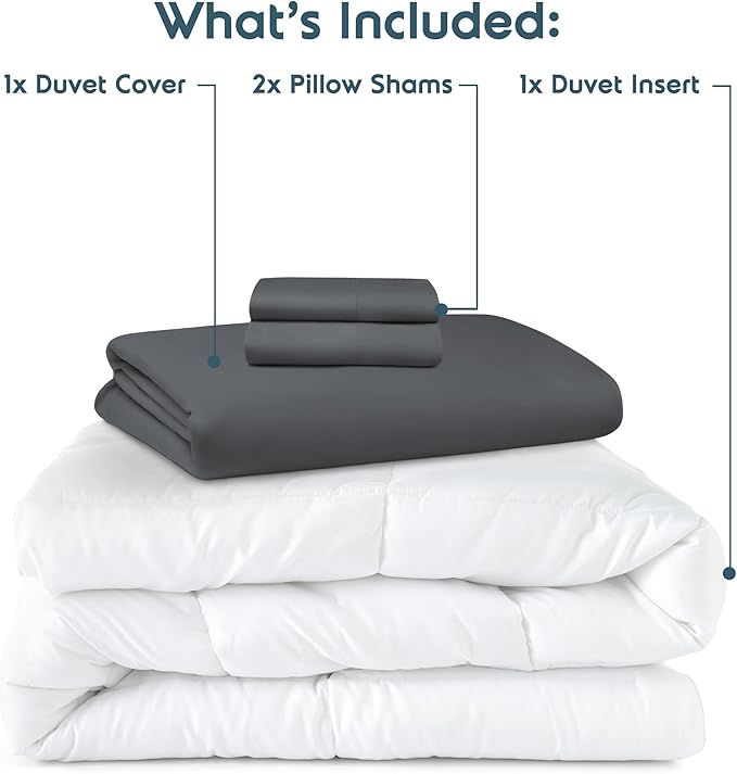 Nestl Queen Duvet Cover Set with Comforter Insert - Dark Grey 4 Piece 90x90 Duvet Cover & 2 Pillow Shams with White Quilted Down Alternative Comforter, Ultra Soft, All Season