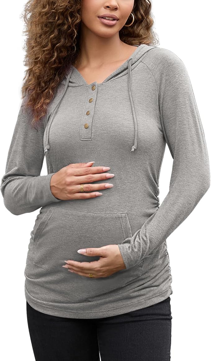 Bhome Maternity Hoodies Button Front Drawstring Hooded Shirt Long Sleeve Pullover Lightweight Sweatshirt with Kangaroo Pocket