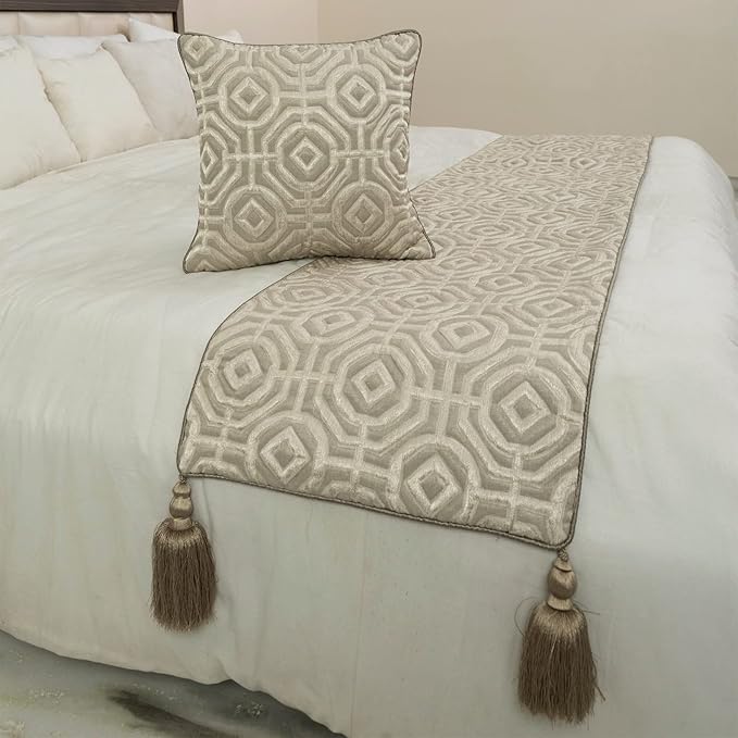 The HomeCentric King/Queen/Twin Beige Designer Full 68"x18" Bed Runner with 2 Pillow Cover, Textured Bed Scarf on Silk Fabric - Hexagonal Norma